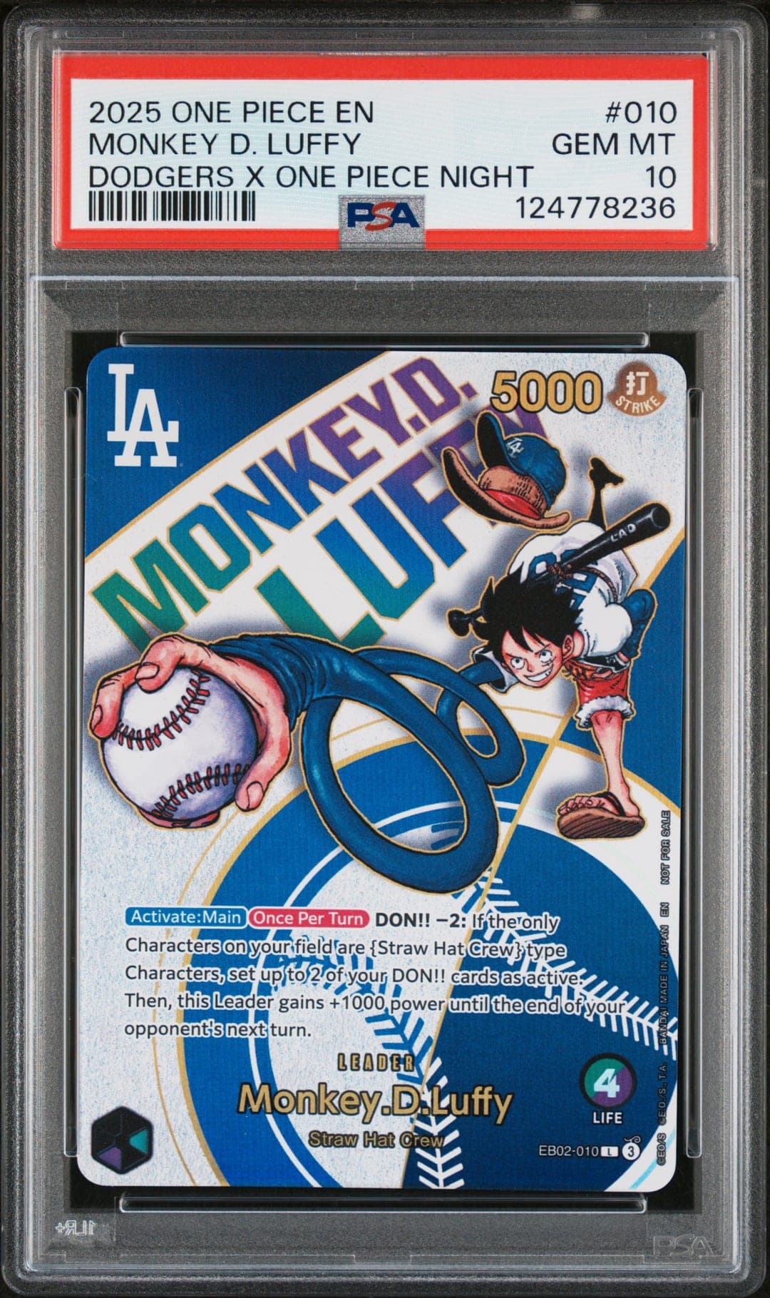 MONKEY D. LUFFY — DODGERS X ONE PIECE NIGHT — PSA GEM MT 10