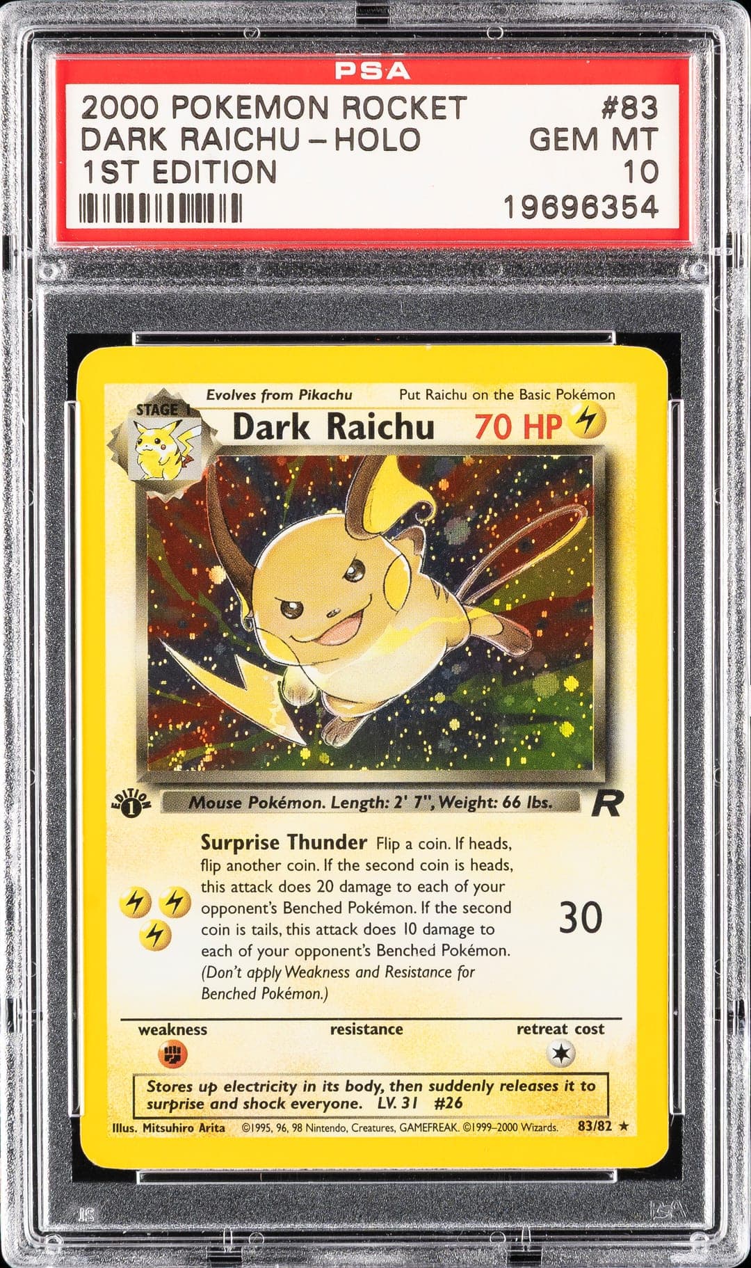 DARK RAICHU-HOLO — 1ST EDITION — PSA GEM MT 10