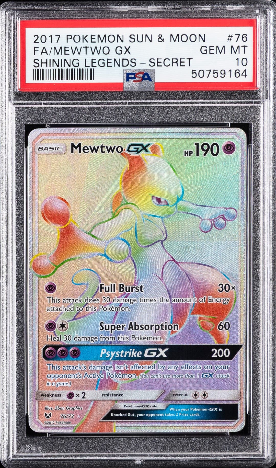 FA/MEWTWO GX — SHINING LEGENDS-SECRET — PSA GEM MT 10