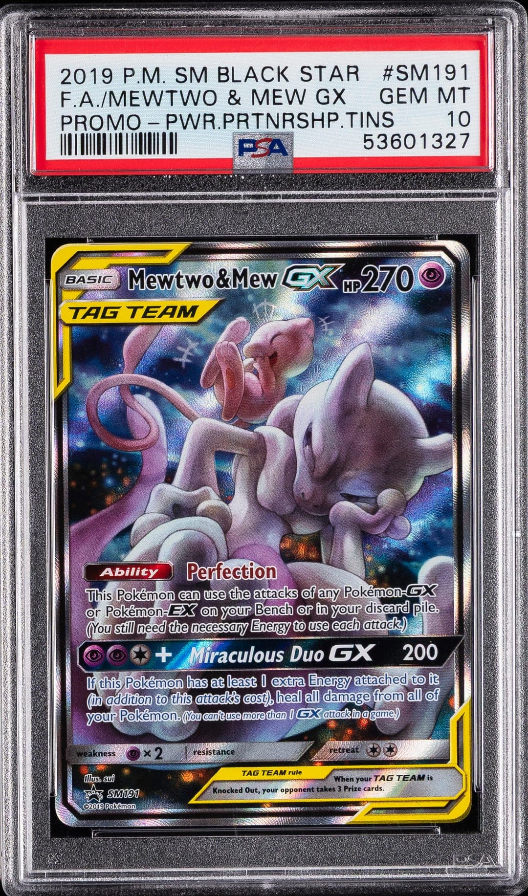 FA/MEWTWO & MEW GX — PROMO-PWR.PRTNRSHP.TINS — PSA GEM MT 10
