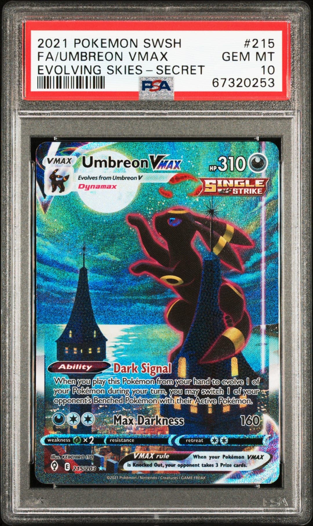 FA/UMBREON VMAX — EVOLVING SKIES-SECRET — PSA GEM MT 10