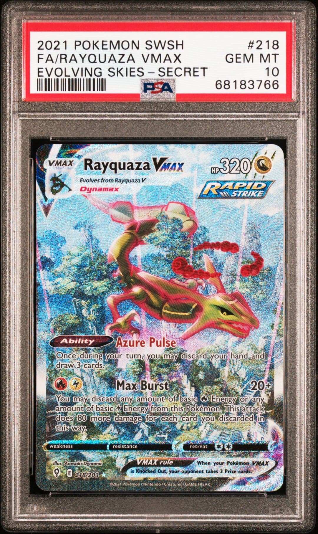 FA/RAYQUAZA VMAX — EVOLVING SKIES-SECRET — PSA GEM MT 10