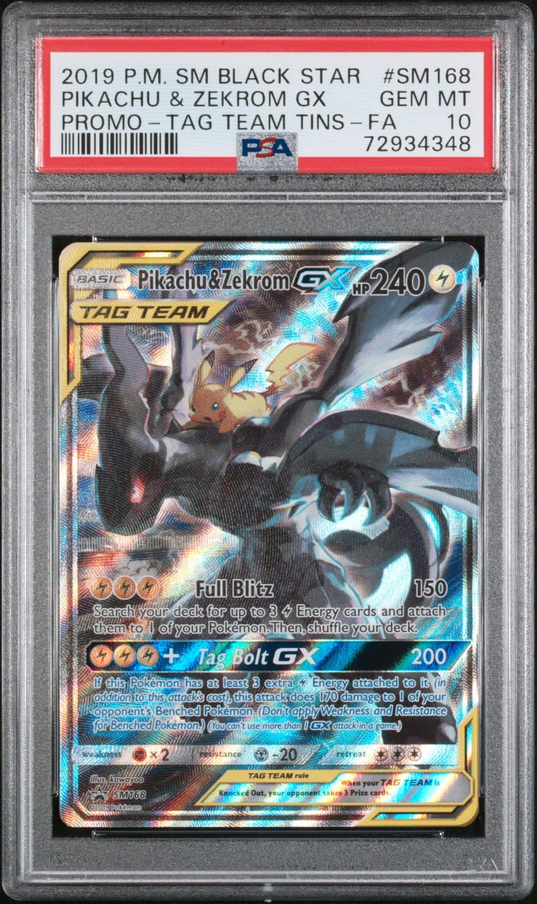 PIKACHU & ZEKROM GX — PROMO-TAG TEAM TINS-FA — PSA GEM MT 10