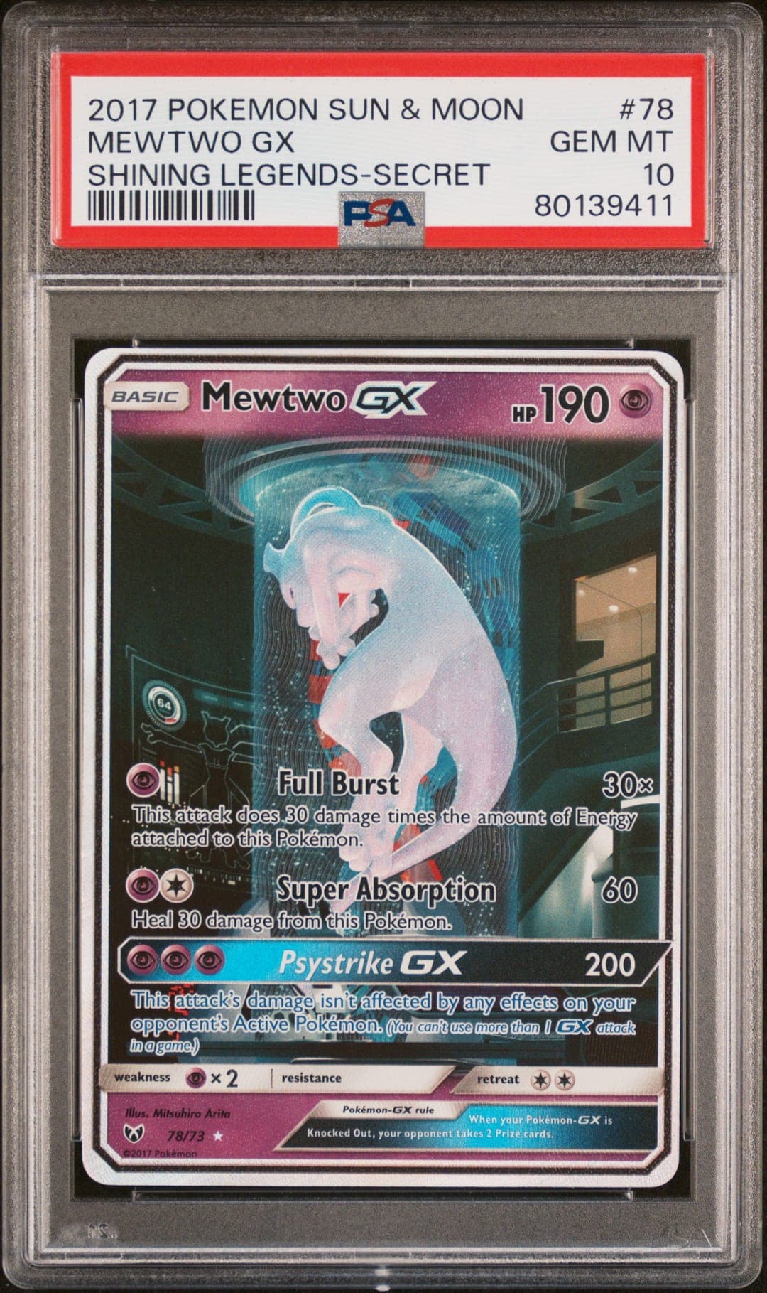 MEWTWO GX — SHINING LEGENDS-SECRET — PSA GEM MT 10
