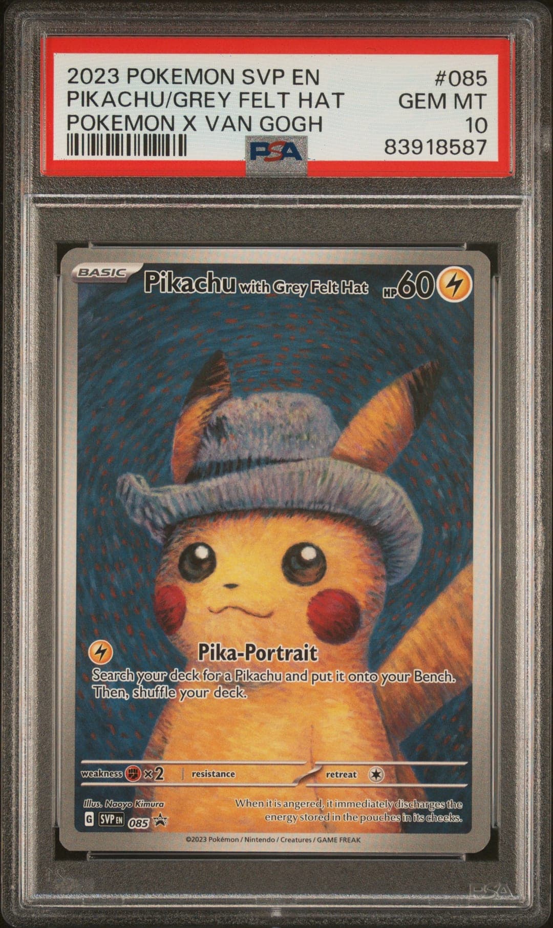 PIKACHU/GREY FELT HAT — POKEMON X VAN GOGH — PSA GEM MT 10