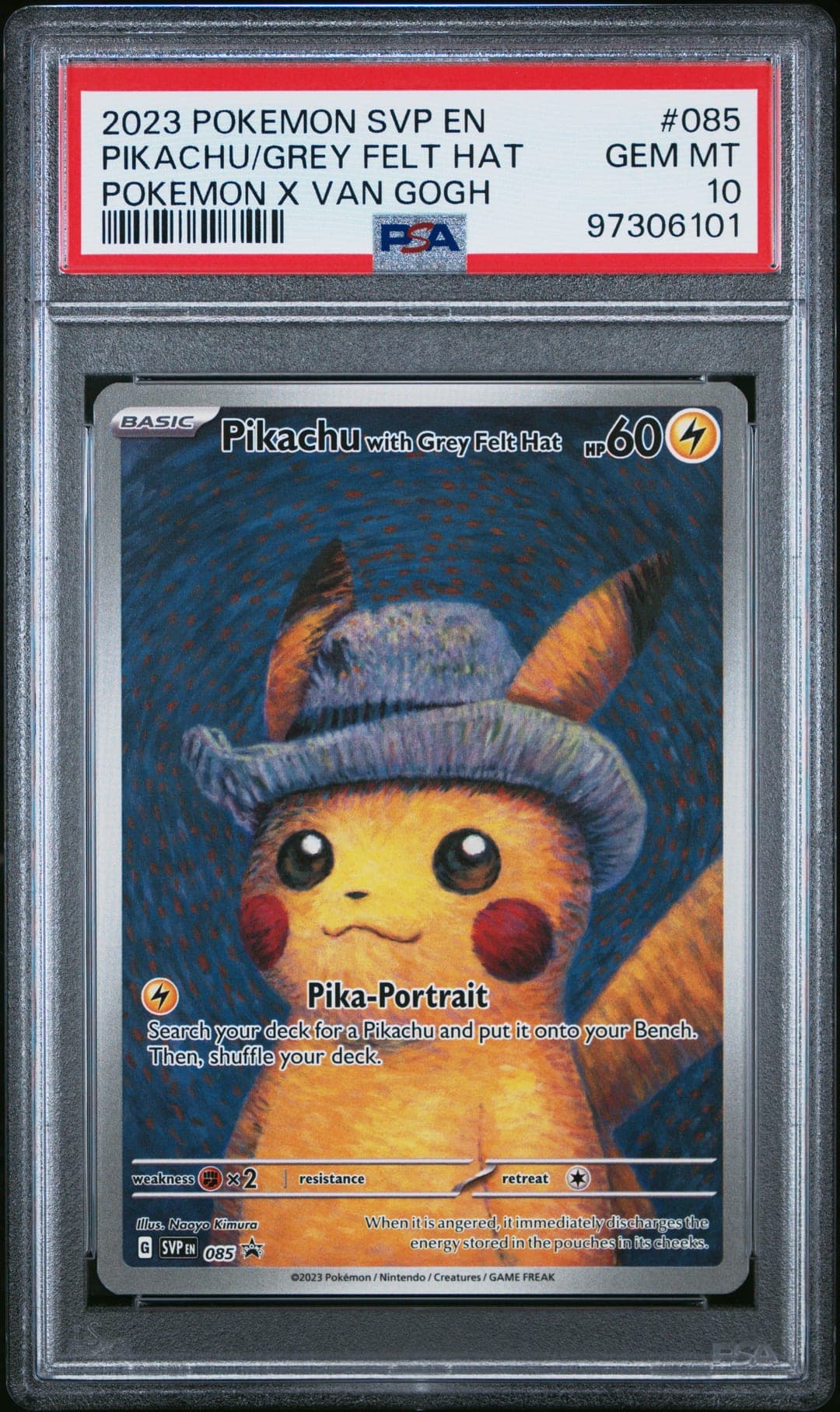 PIKACHU/GREY FELT HAT — POKEMON X VAN GOGH — PSA GEM MT 10