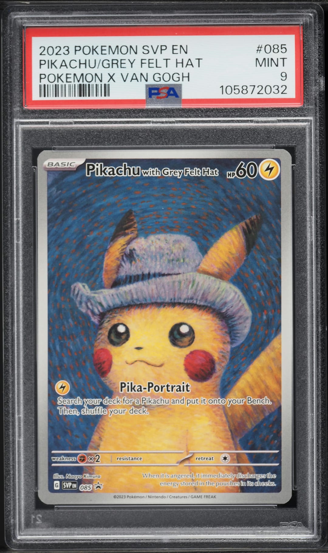 PIKACHU/GREY FELT HAT — POKEMON X VAN GOGH — PSA MINT 9