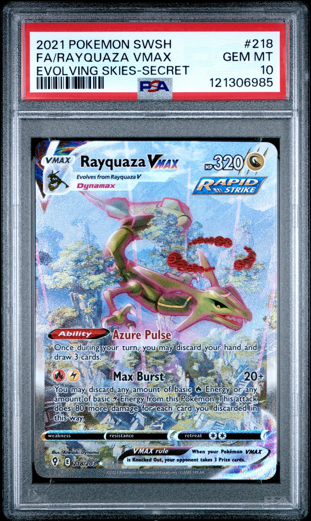 FA/RAYQUAZA VMAX — EVOLVING SKIES-SECRET — PSA GEM MT 10