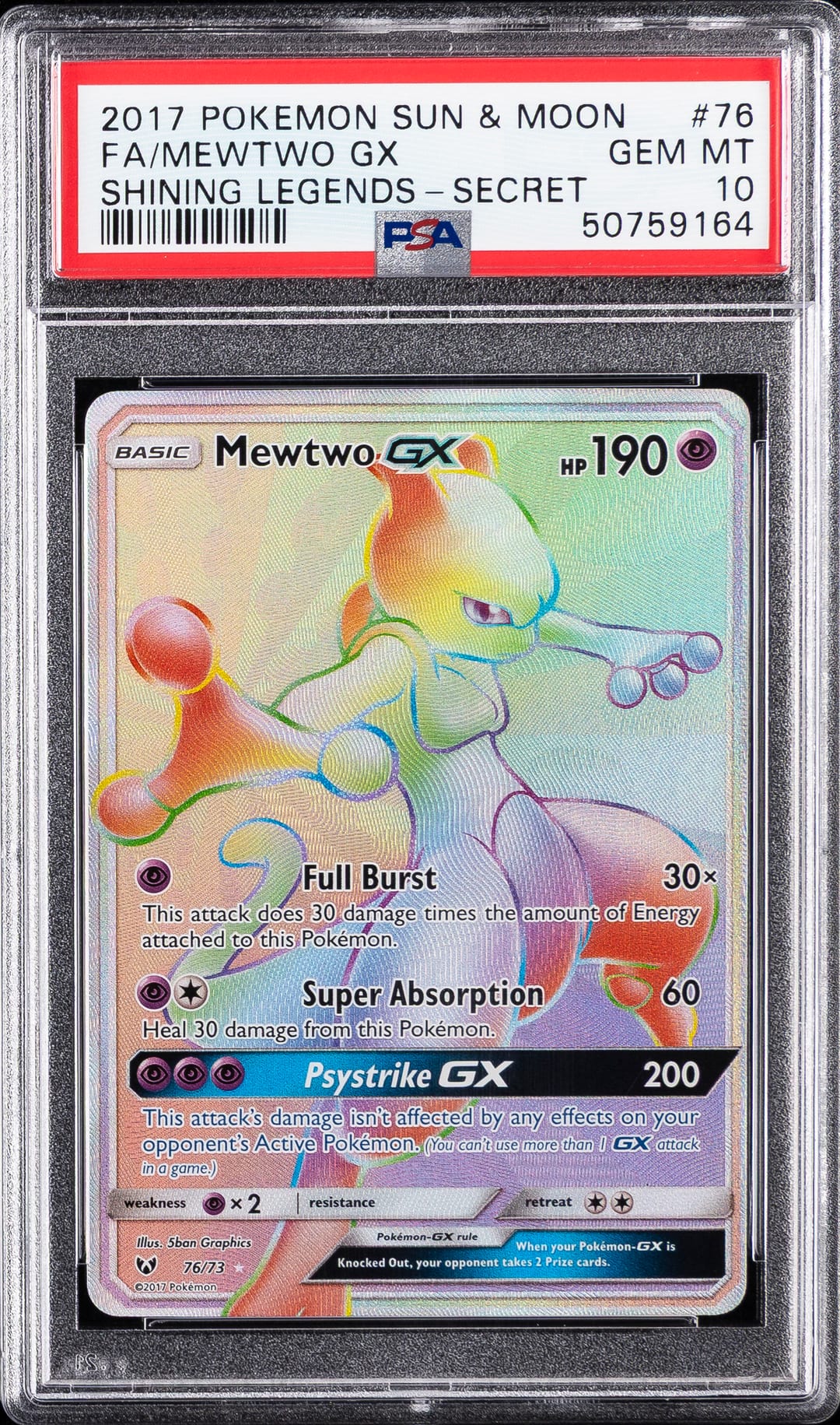 FA/MEWTWO GX — SHINING LEGENDS-SECRET — PSA GEM MT 10