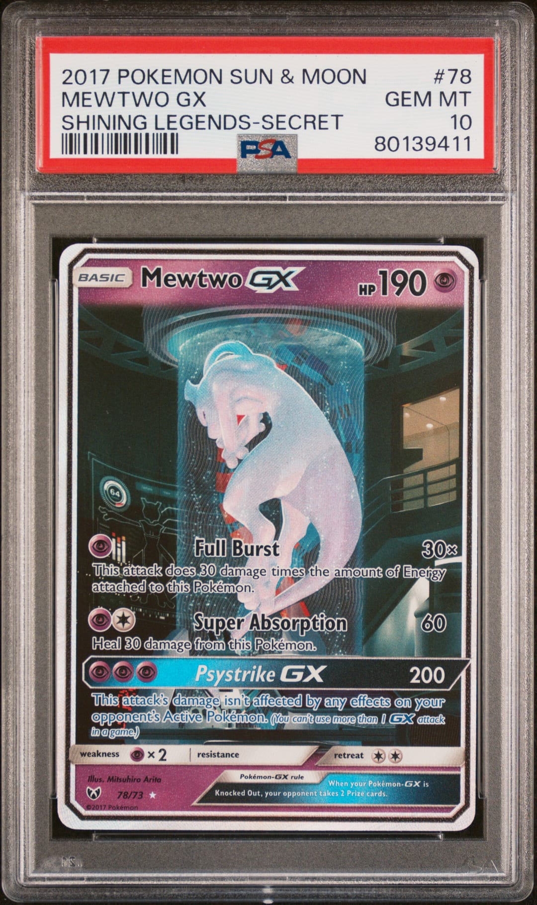 MEWTWO GX — SHINING LEGENDS-SECRET — PSA GEM MT 10
