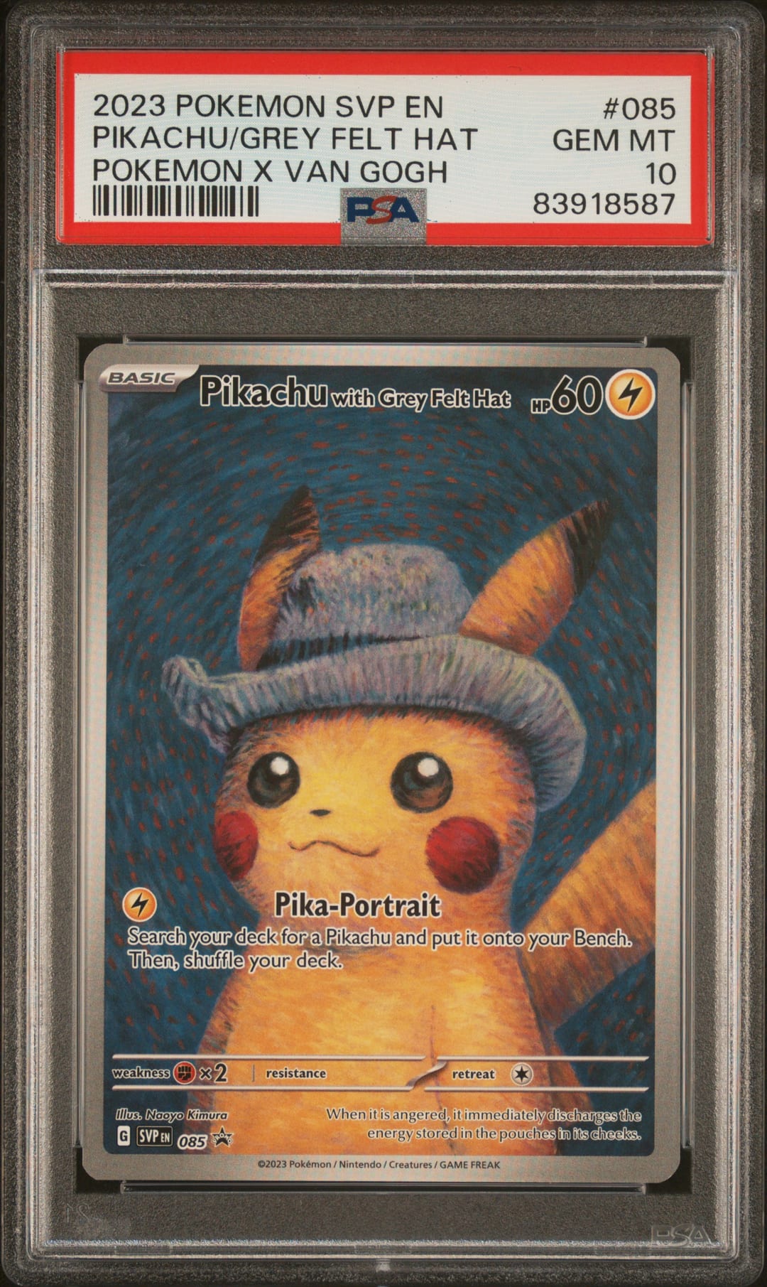PIKACHU/GREY FELT HAT — POKEMON X VAN GOGH — PSA GEM MT 10