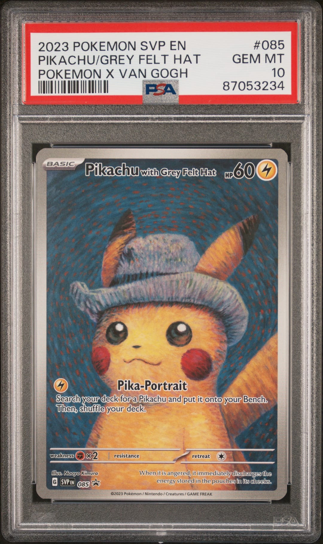 PIKACHU/GREY FELT HAT — POKEMON X VAN GOGH — PSA GEM MT 10