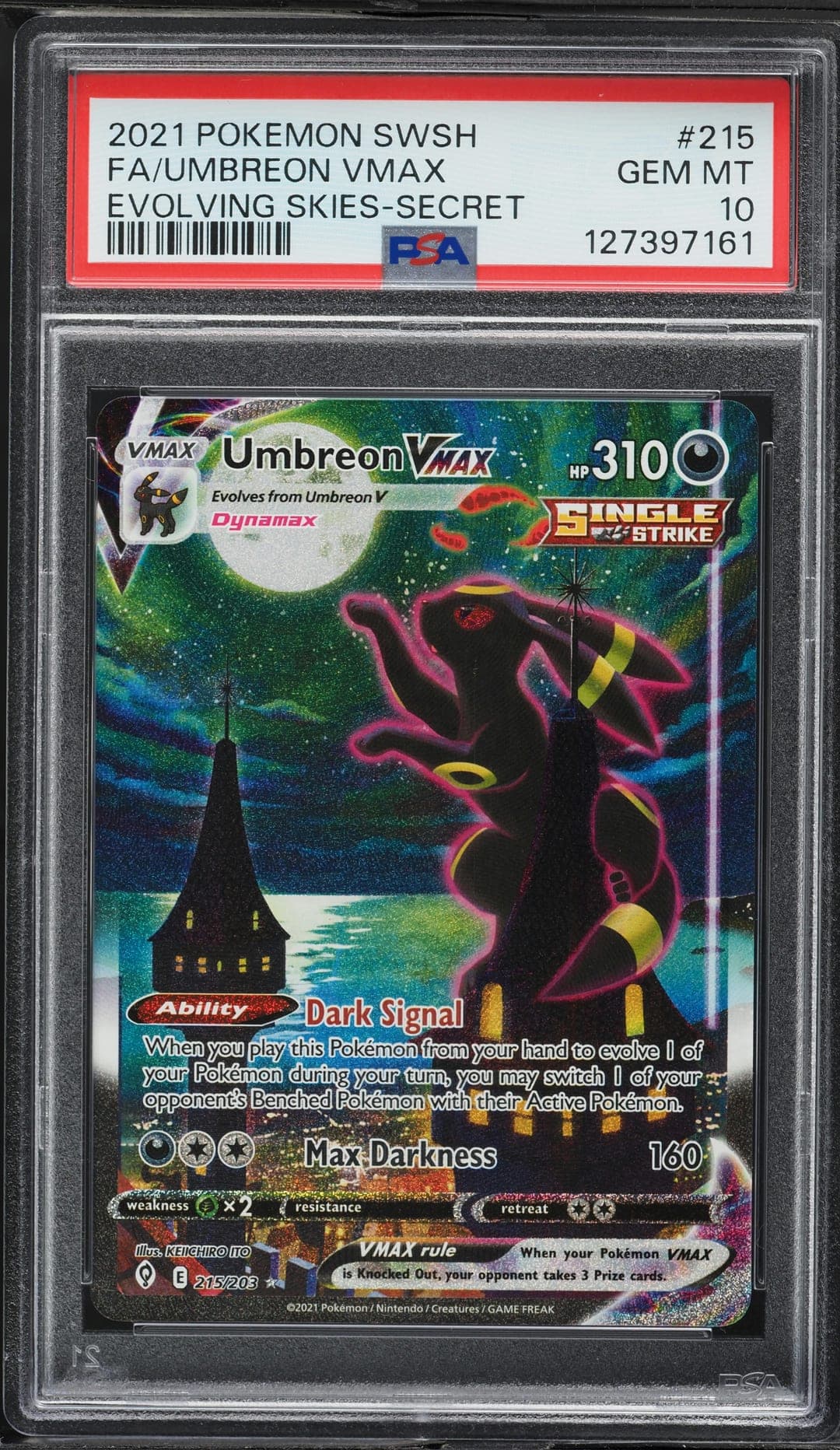 FA/UMBREON VMAX — EVOLVING SKIES-SECRET — PSA GEM MT 10