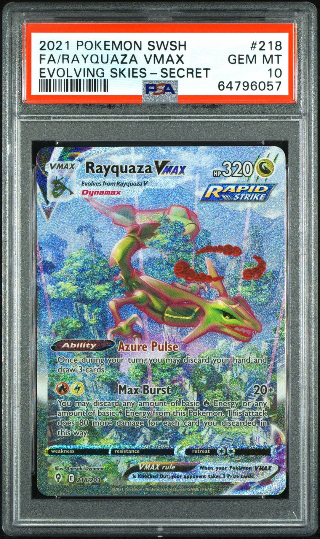 FA/RAYQUAZA VMAX — EVOLVING SKIES-SECRET — PSA GEM MT 10