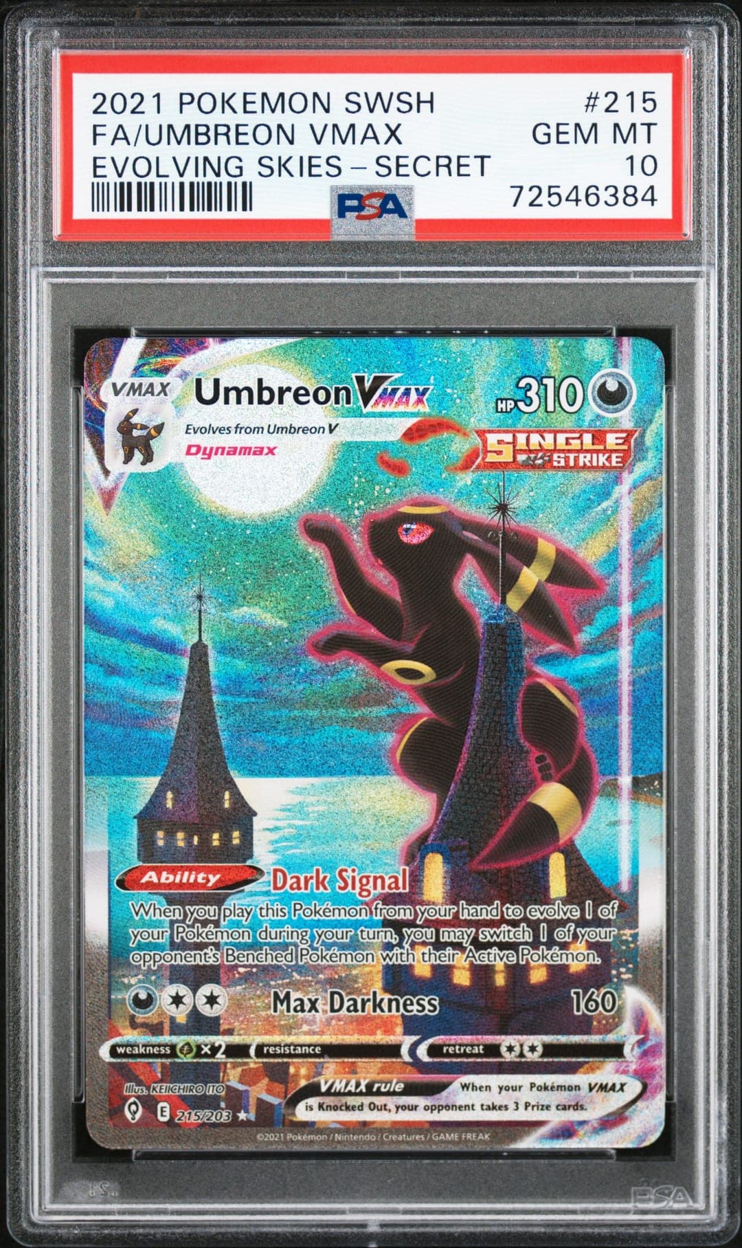 FA/UMBREON VMAX — EVOLVING SKIES-SECRET — PSA GEM MT 10